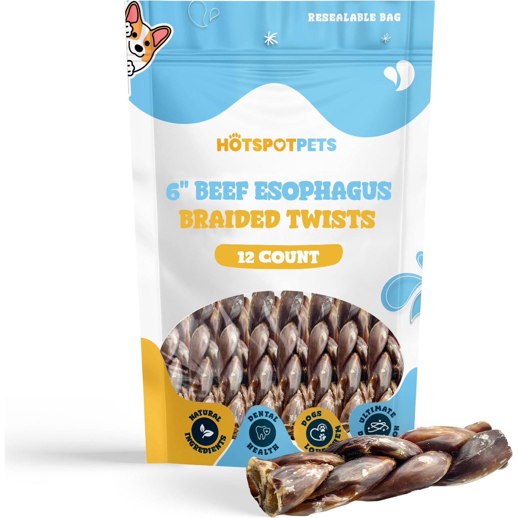 HOTSPOT PETS 6-in Braided Beef Gullet Twist Dog Chew Treats, 12 count