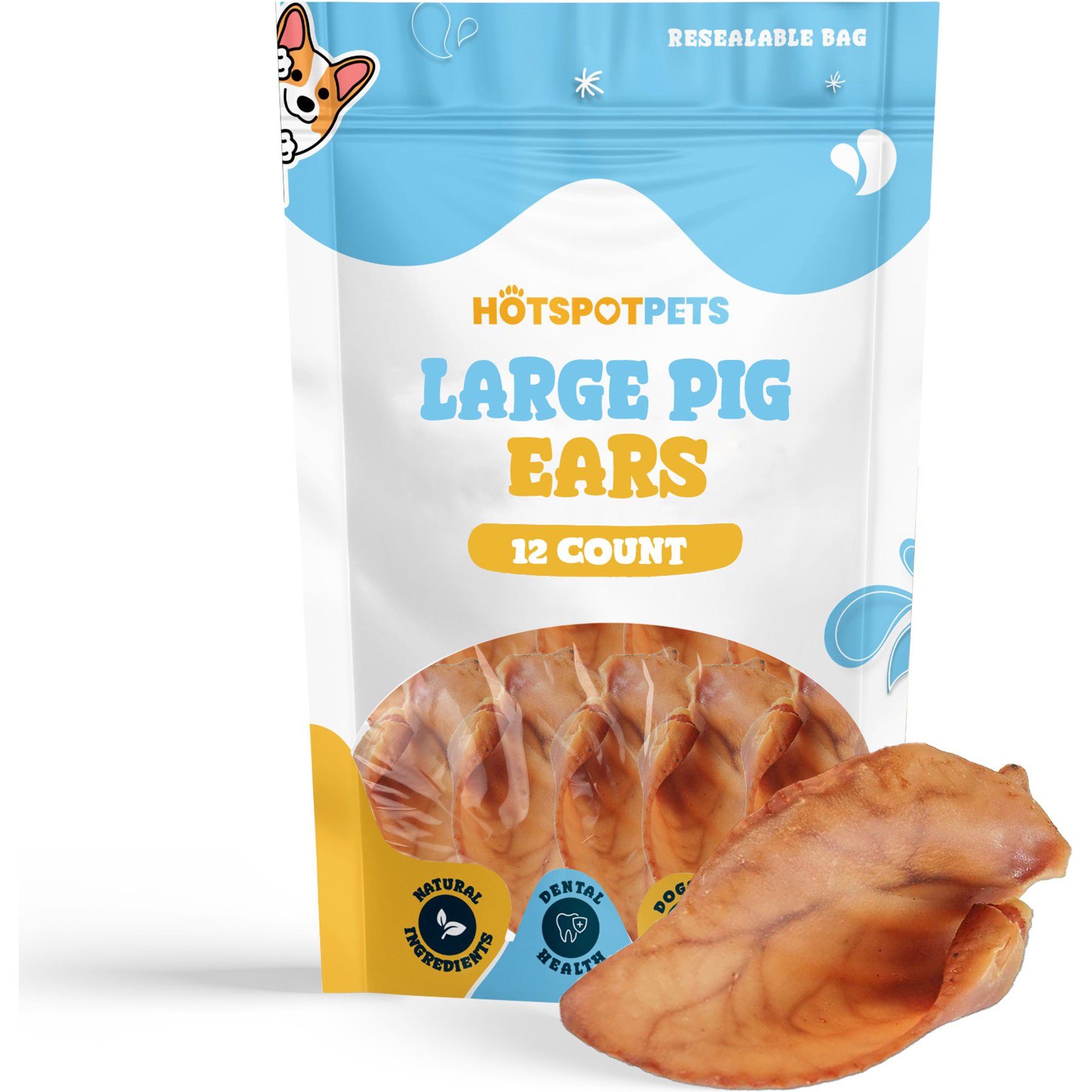 HOTSPOT PETS Whole Pig Ears Dog Chew Treats, Large, 12 count