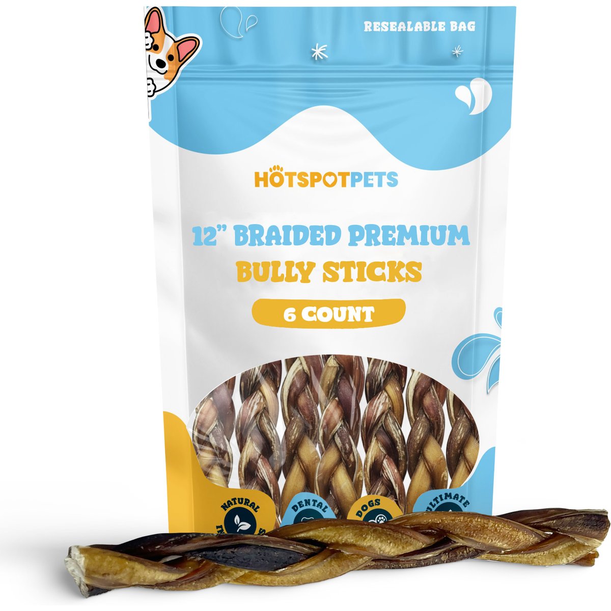 HOTSPOT PETS 12-in Braided Bully Sticks Dog Treats, 6 count