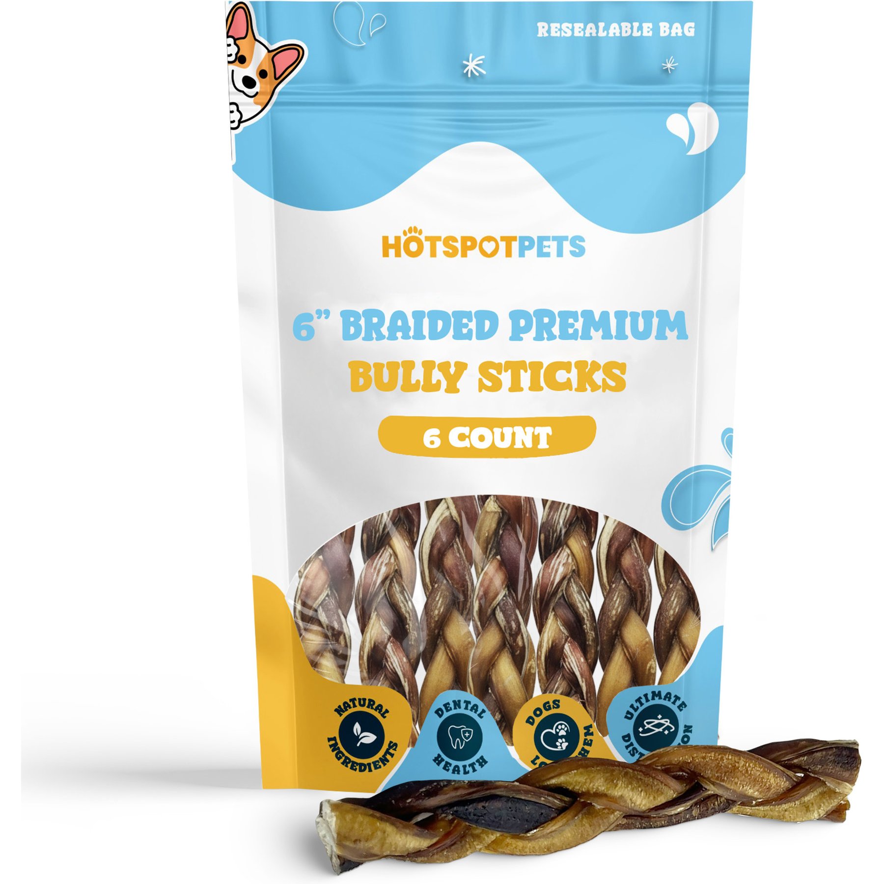 HOTSPOT PETS 6-in Braided Bully Sticks Dog Treats, 6 count