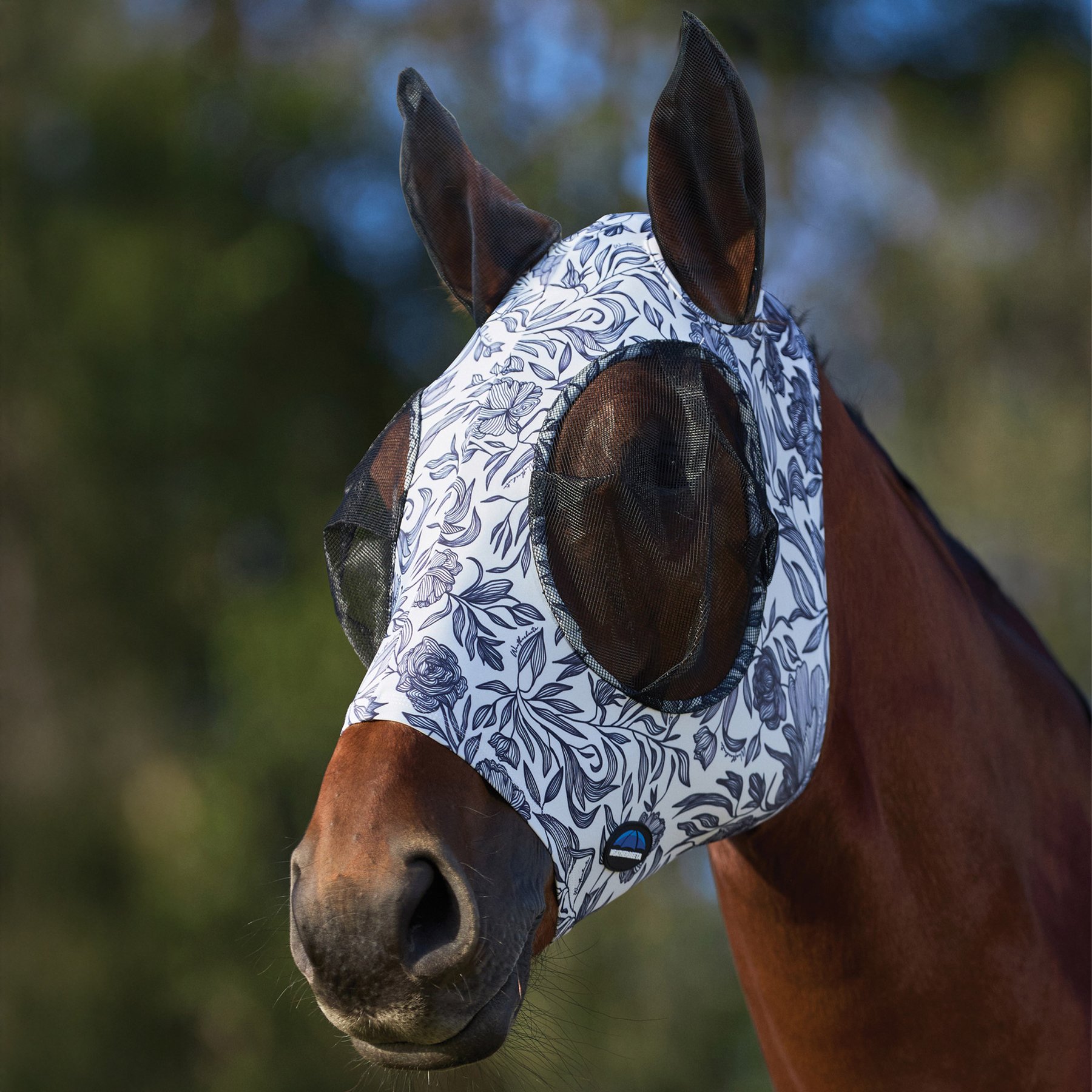 WeatherBeeta ComFiTec Stretch Horse Fly Mask with Ears, White/Navy Floral Print, XX-Small