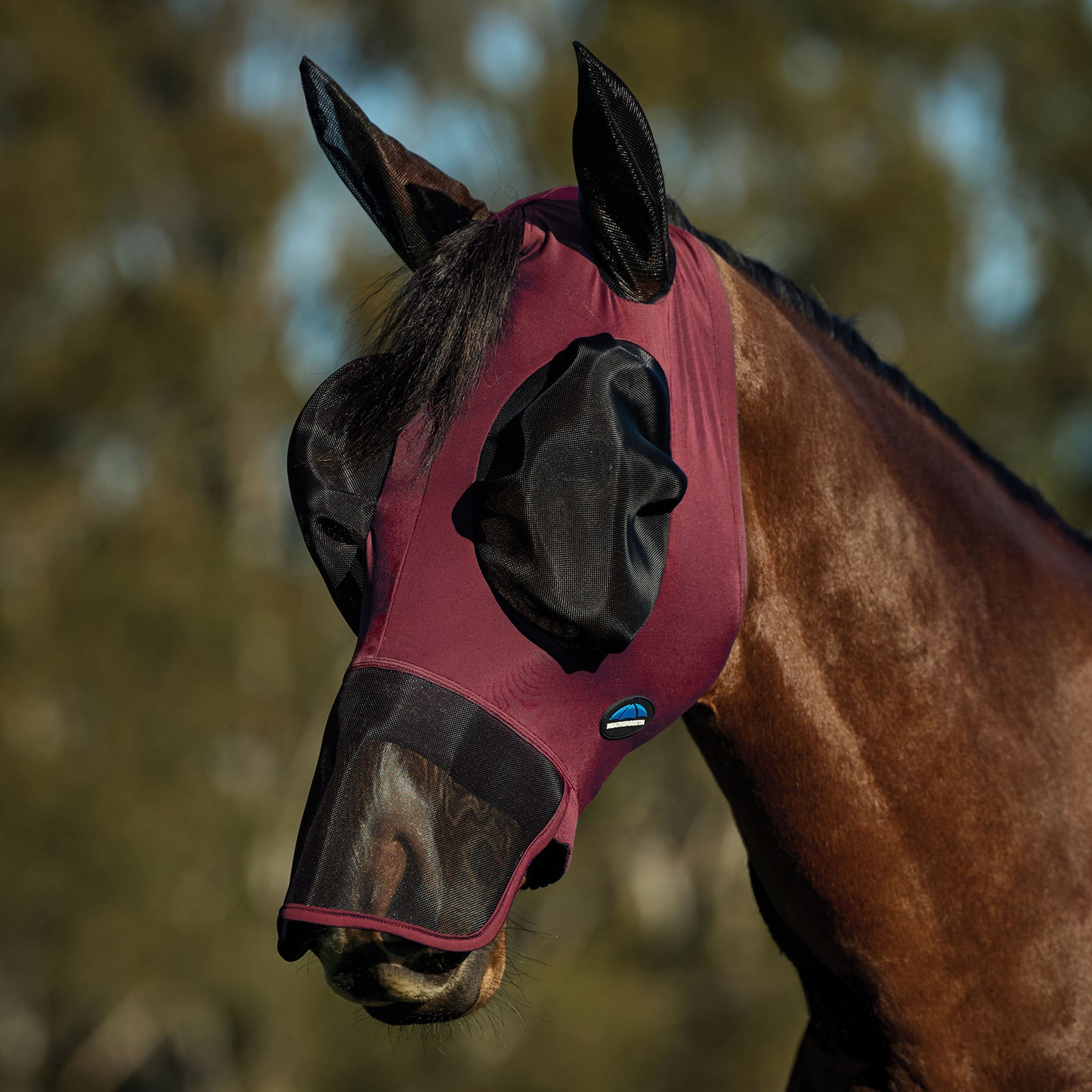 WeatherBeeta ComFiTec Luxe Stretch Horse Fly Mask with Ears & Nose, Burgundy/Black, XX-Small