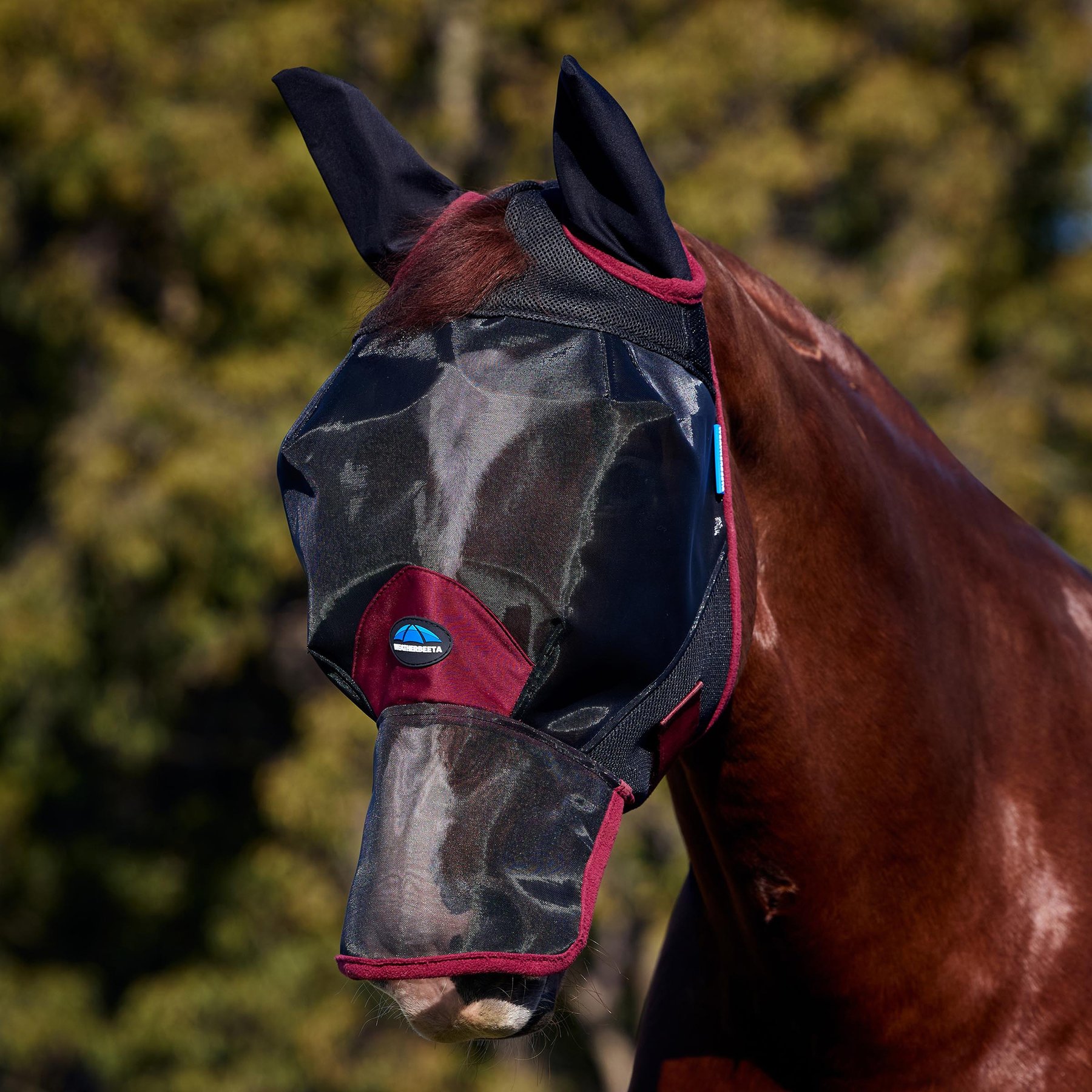 WeatherBeeta ComFiTec Fine Mesh Horse Fly Mask with Ears & Nose, Black/Burgundy, X-Small
