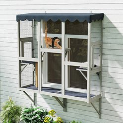 Coziwow Window Waterproof Wooden Indoor & Outdoor Cat Cage Enclosure with Top PVC Rain Cover, Sturdy Tripod Base & Multi-Level Perches, Gray, 59-in