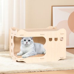 Fuzzy Bird Wooden Cat House with Shark Shaped Opening Design & Top Scratching Board, Yellow, Small