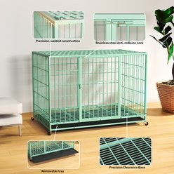 Fuzzy Bird Three-Door Wire Metal Cage Dog Crate with Removable Tray & Wheels, Green, Large: 48-in slide 2 of 8