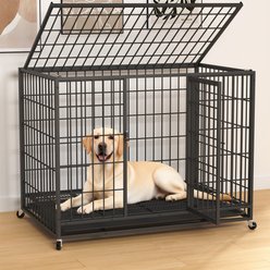 Fuzzy Bird Three-Door Wire Metal Cage Dog Crate with Removable Tray & Wheels, Black, Medium: 42-in