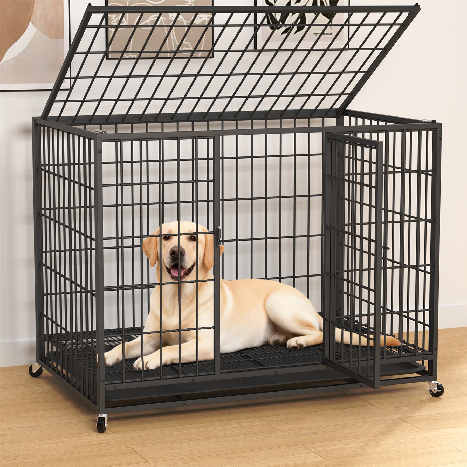 Fuzzy Bird Three-Door Wire Metal Cage Dog Crate with Removable Tray & Wheels, Black, Medium: 42-in