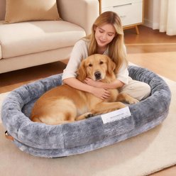 Fuzzy Bird No-Assembly Design Washable Plush Faux Fur Fabric Oval Nap Dog Bed Bed with Side Pockets & Handle, Gray, Jumbo