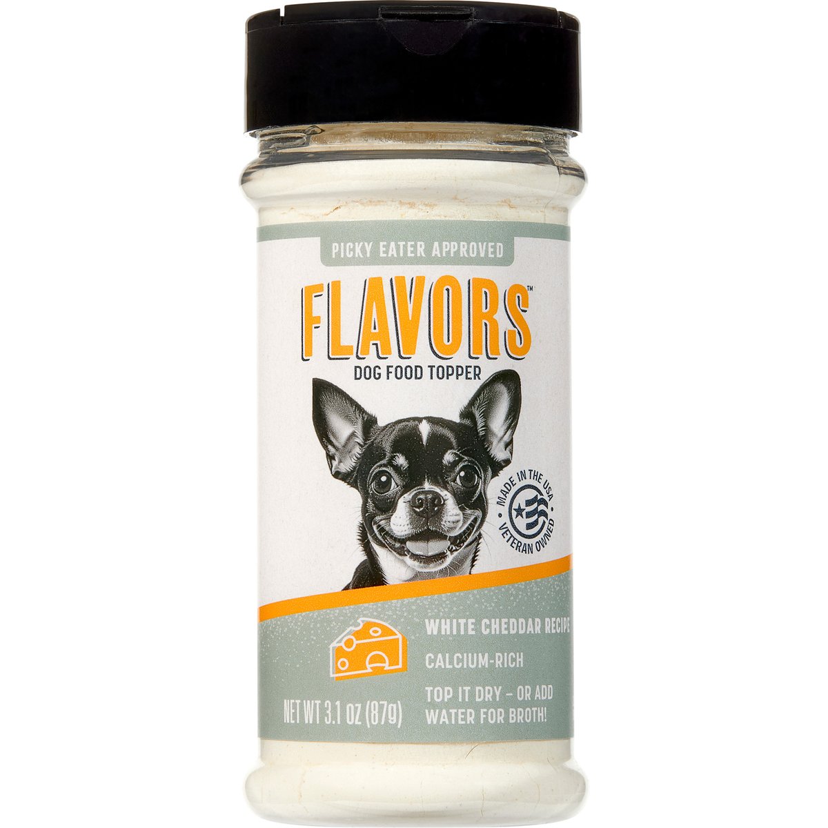 FLAVORS Dog Food Topper White Cheddar Recipe Grain-Free Cheese Dry Dog Food Topper Shaker, 3.1-oz bottle