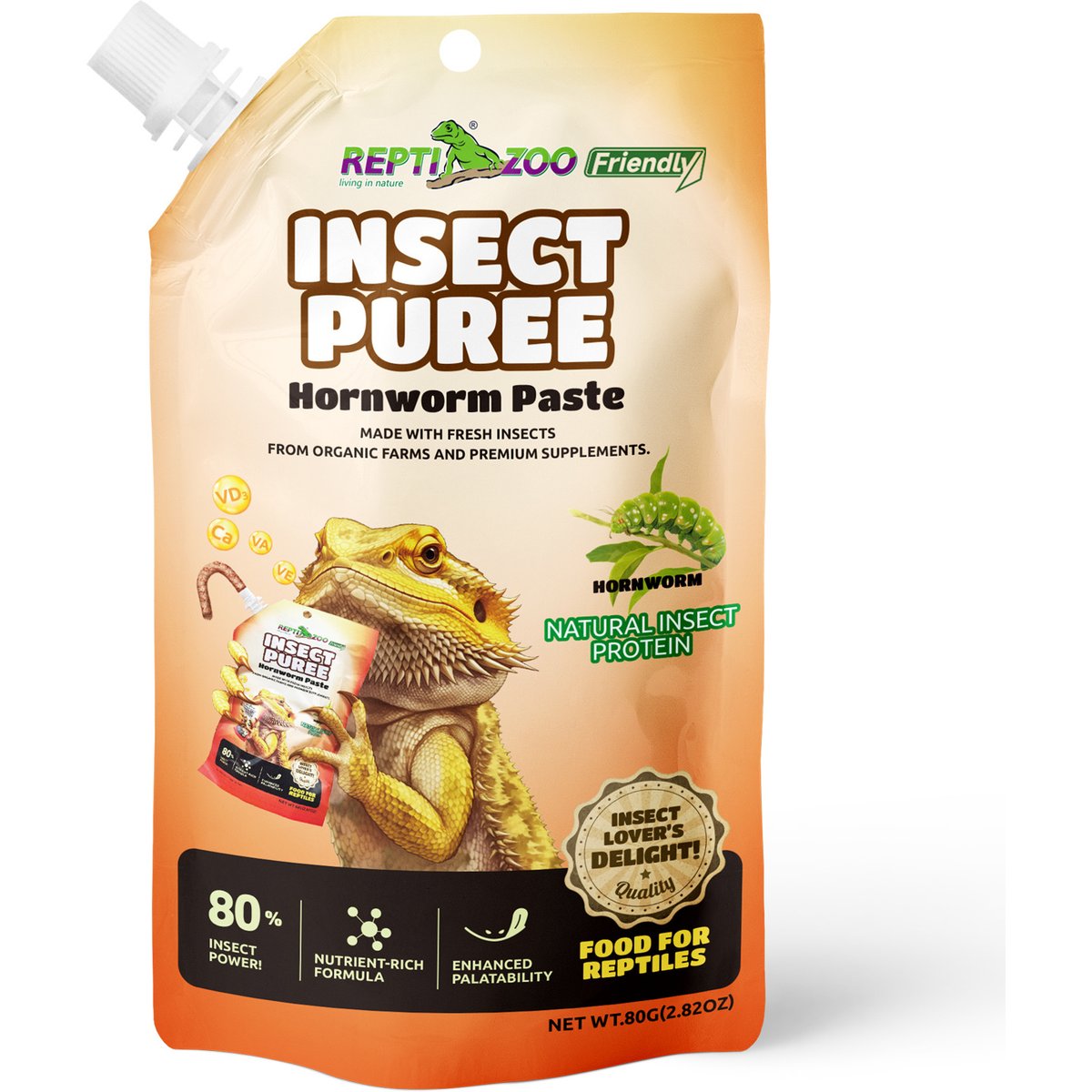 REPTI ZOO Farm-Raised Insect Puree, Hornworm Paste Crested Gecko Wet Food, 2.82-oz pouch
