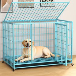 Fuzzy Bird Three-Door Wire Metal Cage Dog Crate with Removable Tray & Wheels, Blue, Large: 48-in slide 1 of 7