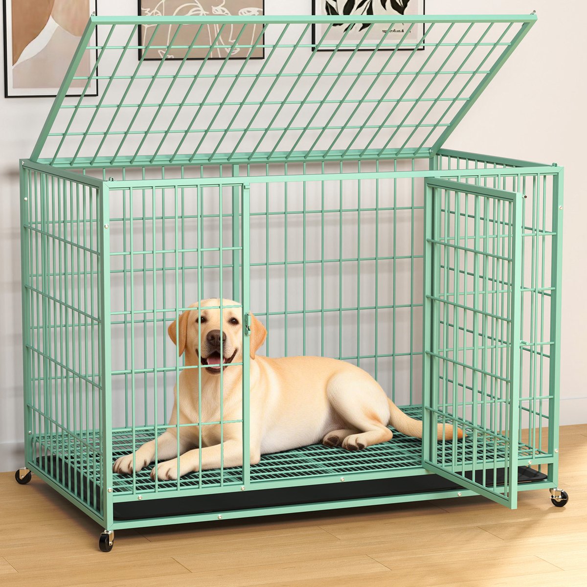 Fuzzy Bird Three-Door Wire Metal Cage Dog Crate with Removable Tray & Wheels, Green, Large: 48-in