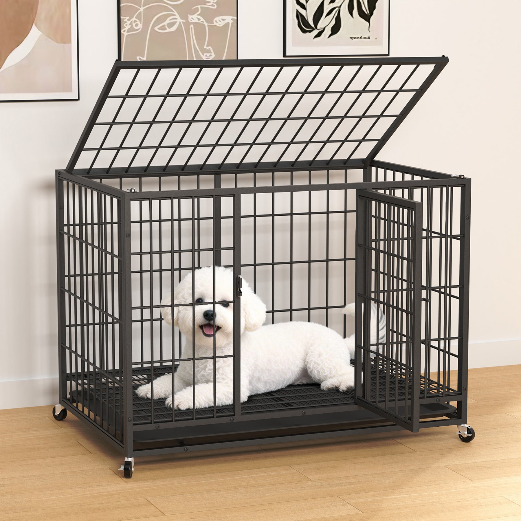 Fuzzy Bird Three-Door Wire Metal Cage Dog Crate with Removable Tray & Wheels, Black, Small: 38-in