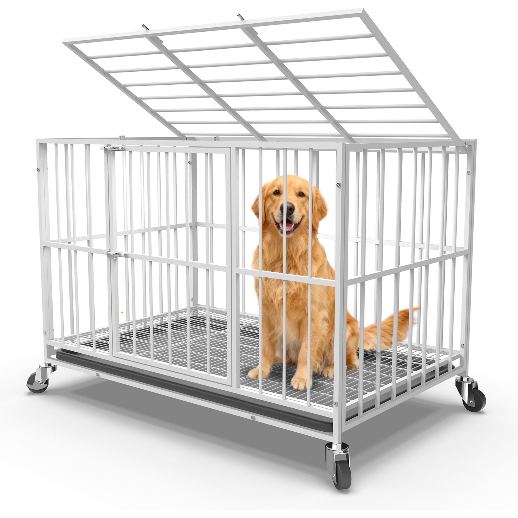 Fuzzy Bird Indoor Escape-Proof Double-Door Steel Pet Cage with Removable Tray & Wheels, White, 48-in