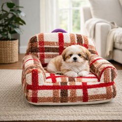 Fairela Vintage Plaid Plush Couch with Raised Bolster Support Machine Washable Furniture Style Sofa Dog & Cat Bed, Red/Brown, Medium slide 2 of 9