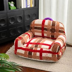 Fairela Vintage Plaid Plush Couch with Raised Bolster Support Machine Washable Furniture Style Sofa Dog & Cat Bed, Red/Brown, Medium