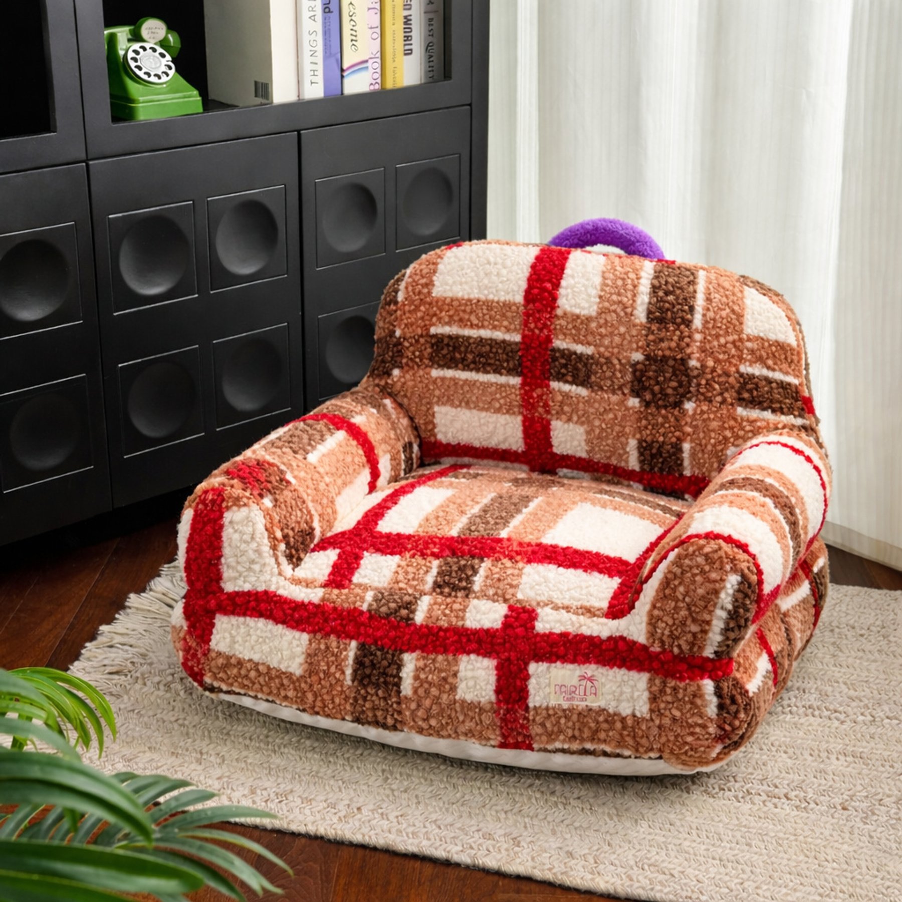 Fairela Vintage Plaid Plush Couch with Raised Bolster Support Machine Washable Furniture Style Sofa Dog & Cat Bed, Red/Brown, Medium