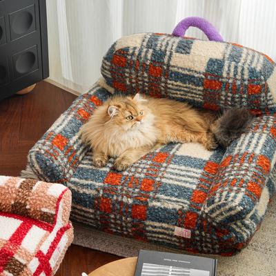 Show full view: Fairela Retro Cozy Plush Couch with Raised Arms & Back Support Machine Washable Furniture Style Sofa Cat Bed, Blue/Red, Large slide 5 of 9
