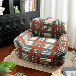 Fairela Retro Cozy Plush Couch with Raised Arms & Back Support Machine Washable Furniture Style Sofa Cat Bed, Blue/Red, Large