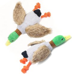 Potaroma Double-Layer Durable Fabric Interactive Built-In Crinkle Wings Squeaky Duck Plush Dog Toy, Multicolor, 13.4-in, 2 count