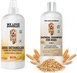 We Love Doodles Dog Grooming Bundle: 5-in-1 Premium Oatmeal Shampoo, 16-fl oz bottle + Detangler Spray, Mango Scent, 16-fl oz bottle