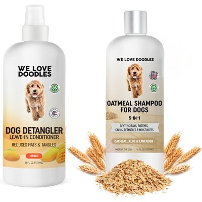 We Love Doodles We Love Doodles Dog Grooming Bundle: 5-in-1 Premium Oatmeal Shampoo, 16-fl oz bottle + Detangler Spray, Mango Scent, 16-fl oz bottle