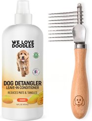 We Love Doodles Dog Grooming Bundle: Detangler Spray, Mango Scent, 16-fl oz bottle + Dematting Rake Comb