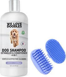 We Love Doodles Dog Grooming Bundle: 4-in-1 Shampoo Lavender Scent, 16-fl oz bottle + 2 Grooming Brushes