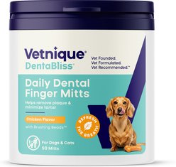 Vetnique Labs DentaBliss Finger Mitt Chicken Flavor for Plaque, Tartar Prevention & Fresh Breath Teeth Cleaning Dog Dental Wipes, 50 count