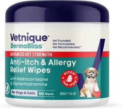Vetnique Labs DermaBliss Advanced Vet Strength Antihistamine & Hydrocortisone Itch Relief, Allergies & Odor Control Cat & Dog Wipes, 50 count