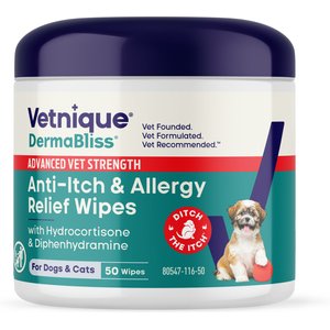 Vetnique Labs DermaBliss Advanced Vet Strength Antihistamine & Hydrocortisone Itch Relief, Allergies & Odor Control Cat & Dog Wipes, 50 count