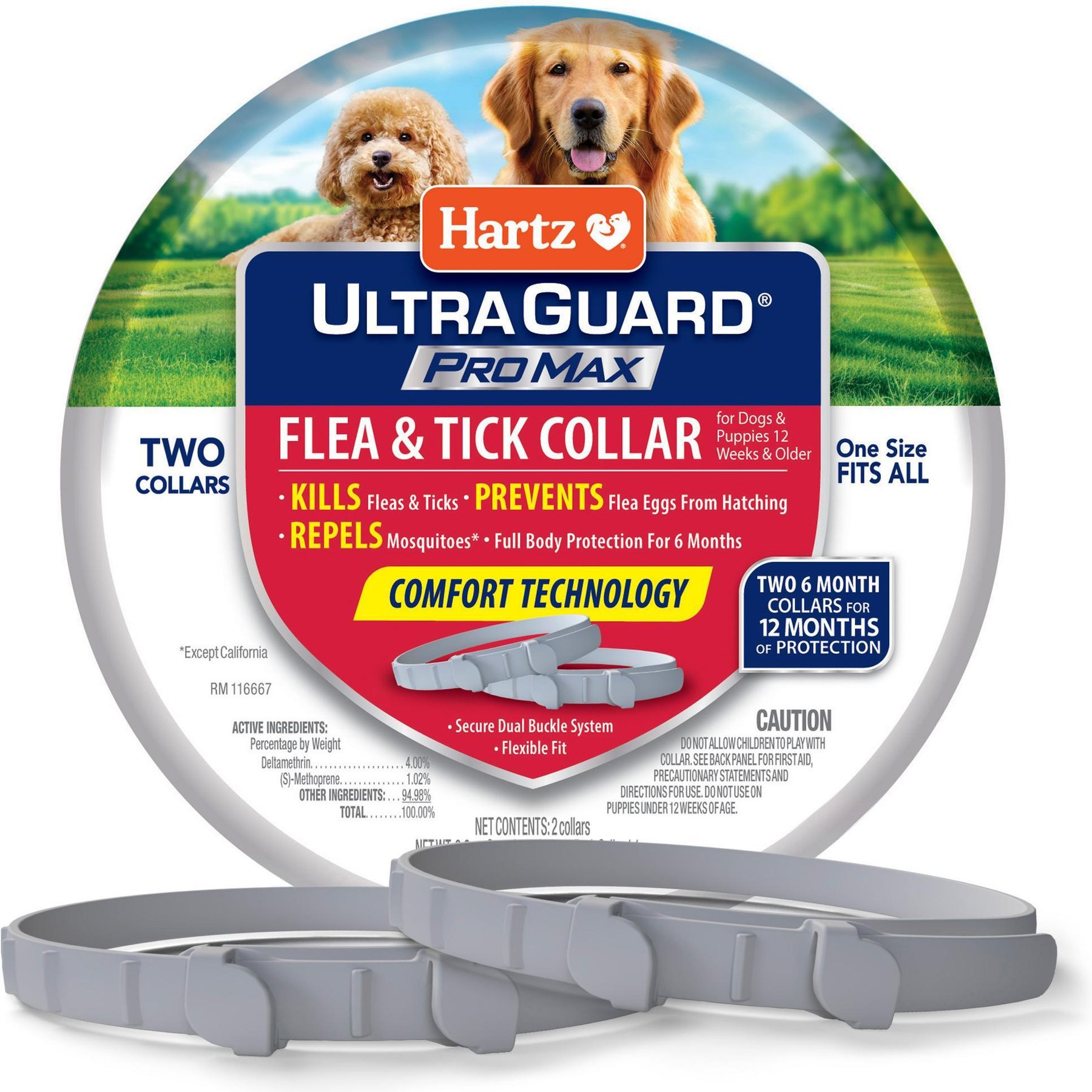 Hartz Ultra Guard ProMax Flea & Tick Collar for Dogs, 2 collars (12-mos. supply), Gray