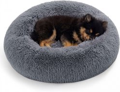 Bedsure Calming Fluffy Plush Faux Fur Anti-Slip Donut Bolster Dog & Cat Bed, Grey, Small