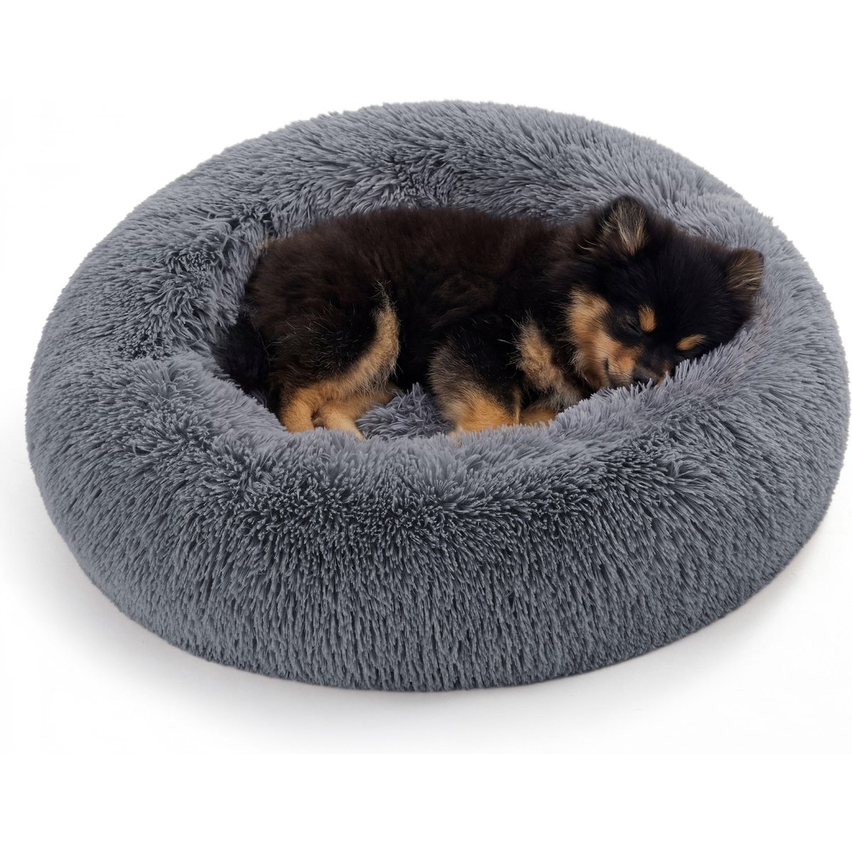 Bedsure Calming Fluffy Plush Faux Fur Anti-Slip Donut Machine-Washable Bolster Dog & Cat Bed, Grey, Small