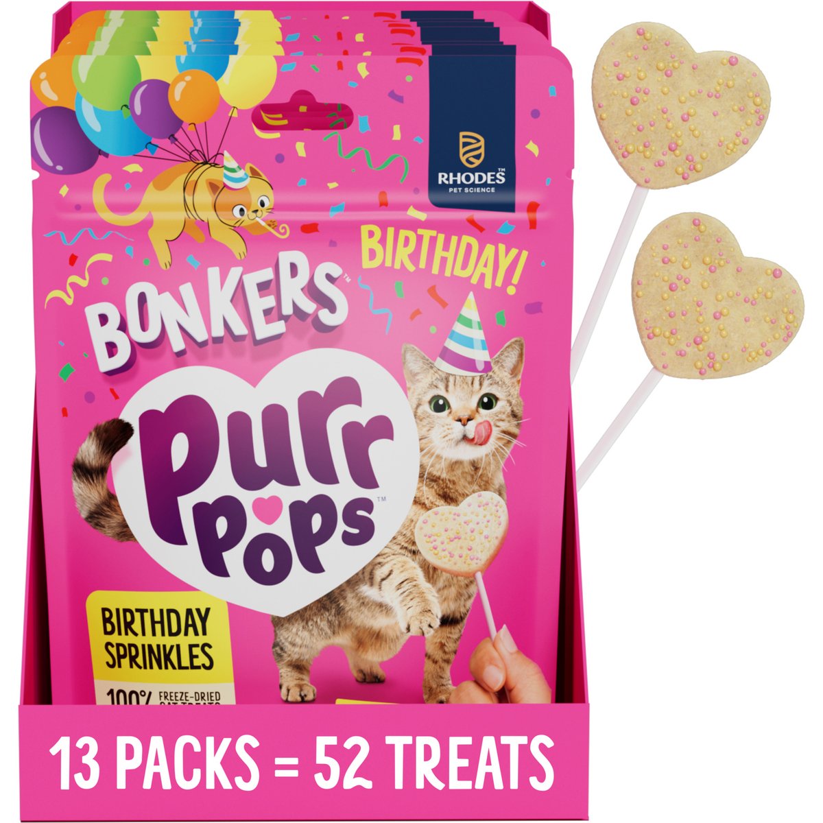BONKERS Purrpops Birthday Edition Chicken Flavored Freeze-Dried Cat Treats, 52 count