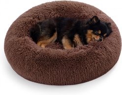 Bedsure Calming Fluffy Plush Faux Fur Anti-Slip Donut Bolster Dog & Cat Bed, Brown, Small