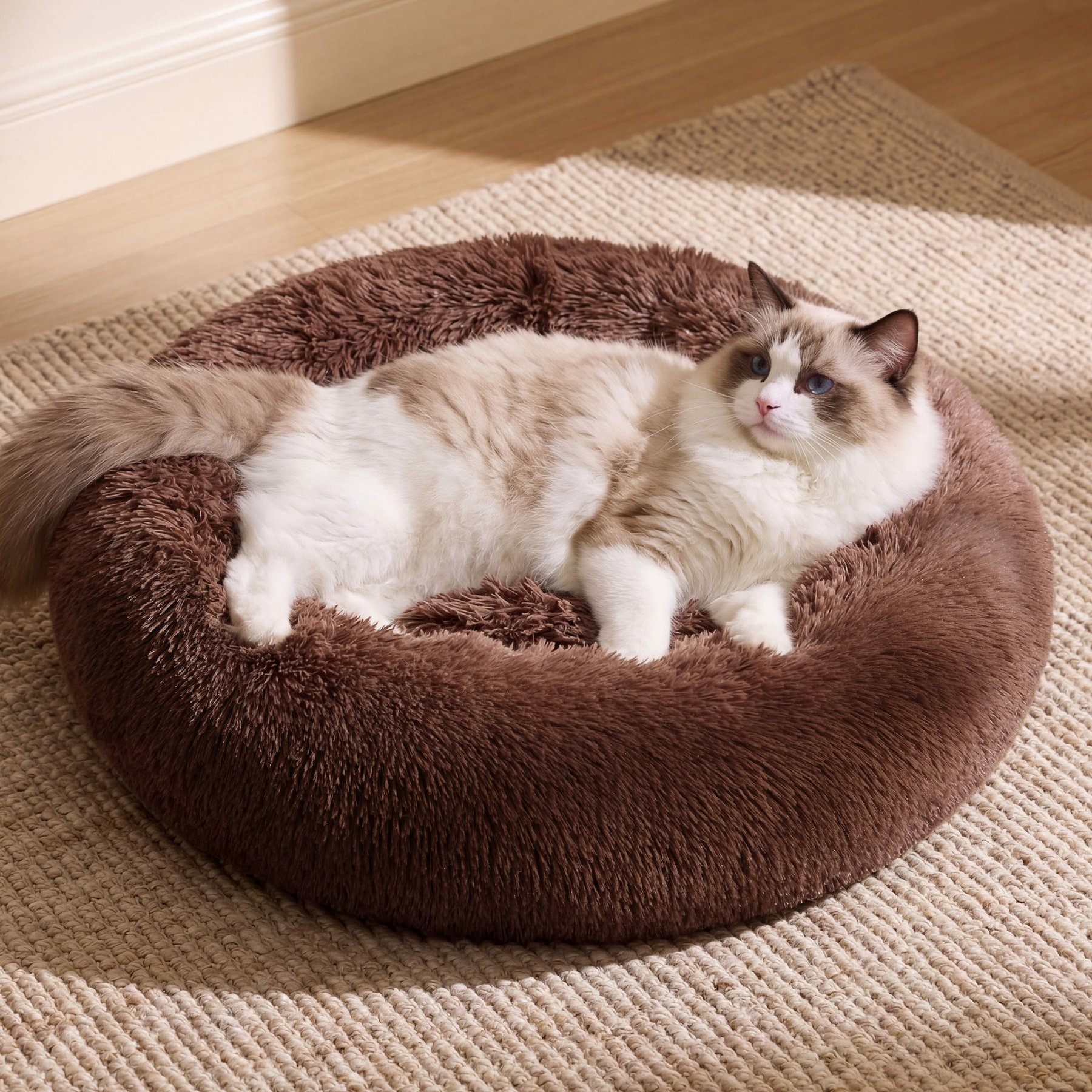 Bedsure Calming Fluffy Plush Faux Fur Anti-Slip Donut Machine-Washable Bolster Dog & Cat Bed, Brown, X-Small