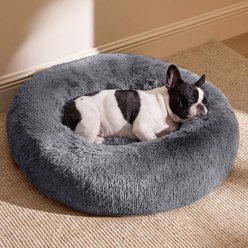 Bedsure Calming Fluffy Plush Faux Fur Anti-Slip Donut Bolster Dog & Cat Bed, Grey, Small Plus