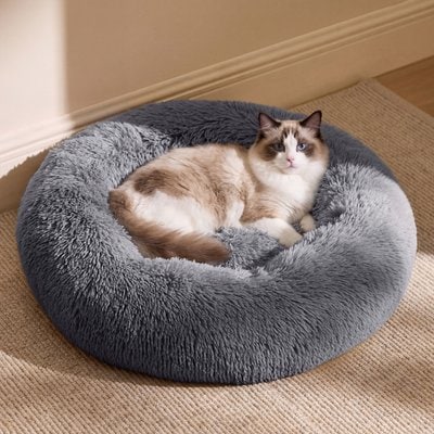 Bedsure Bedsure Calming Fluffy Plush Faux Fur Anti-Slip Donut Machine-Washable Bolster Dog & Cat Bed, Grey, X-Small