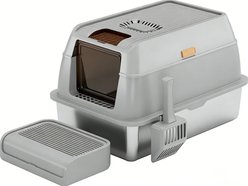 Decflow Stainless Steel Enclosed Cat Litter Box with Anti-Tracking Step, Convertible Front-Entry Cat Toilet with Scoop, Large, Grey