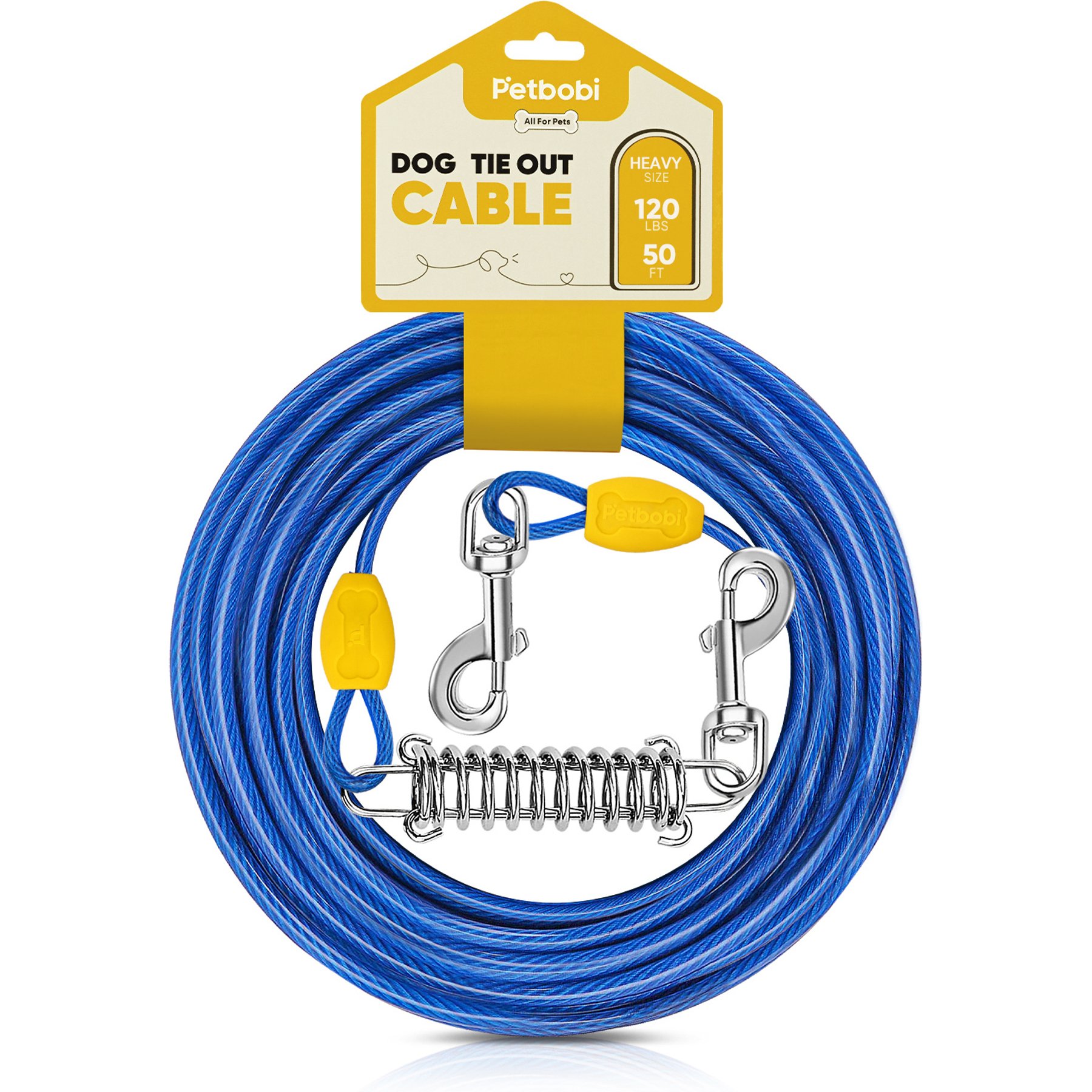 Petbobi PVC-Coated Steel Dog Tie-Out Cable with Shock Spring & 360° Swivel Clips, Blue, 50-ft