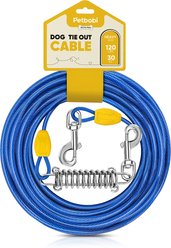 Petbobi PVC-Coated Steel Dog Tie-Out Cable with Shock Spring & 360° Swivel Clips, Blue, 30-ft