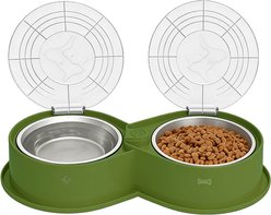UPSKY 304 Metal Dual Food & Water Functional Stainless Steel Anti-Skid Dog & Cat Bowl Set with Lids, Green