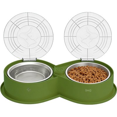 UPSKY UPSKY 304 Metal Dual Food & Water Functional Stainless Steel Anti-Skid Dog & Cat Bowl Set with Lids, Green