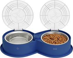 UPSKY 304 Metal Dual Food & Water Functional Stainless Steel Anti-Skid Dog & Cat Bowl Set with Lids, Blue