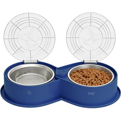UPSKY UPSKY 304 Metal Dual Food & Water Functional Stainless Steel Anti-Skid Dog & Cat Bowl Set with Lids, Blue