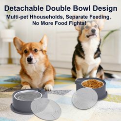 UPSKY 304 Metal Dual Food & Water Functional Stainless Steel Anti-Skid Dog & Cat Bowl Set with Lids, Grey slide 2 of 8