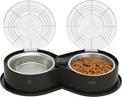 UPSKY 304 Metal Dual Food & Water Functional Stainless Steel Anti-Skid Dog & Cat Bowl Set with Lids, Black