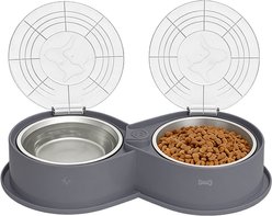 UPSKY 304 Metal Dual Food & Water Functional Stainless Steel Anti-Skid Dog & Cat Bowl Set with Lids, Grey